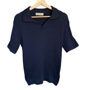 Vintage Hudson & Barrow Men's Blue Ribbed Knit Fitted Polo Shirt Size M Preppy